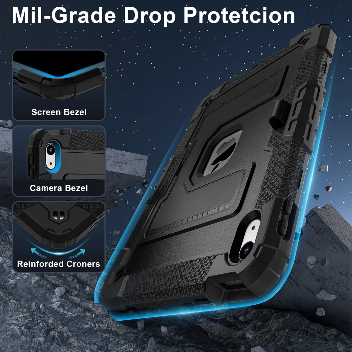 A black Mil-Grade drop protection case for an iPad, showing reinforced corners and bezel protection.