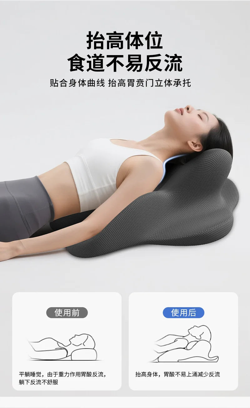 A person is lying down using a gray ergonomic memory foam pillow for a high-back position, demonstrating a posture that preve
