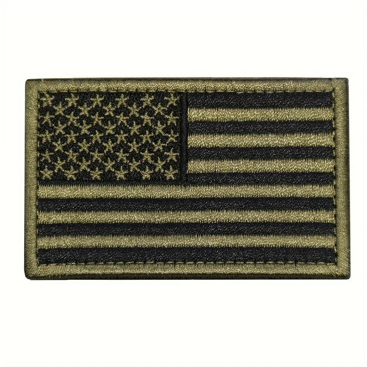 A rectangular patch featuring a distressed American flag design with black and gold stripes and stars.