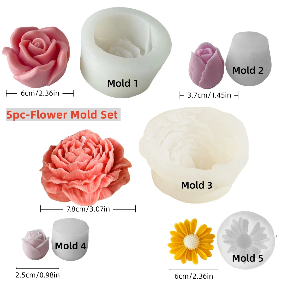 A set of five silicone floral molds for candles, soap, and resin, showing various pink and yellow flower shapes.