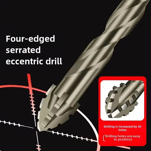 A close-up view of a four-edged serrated eccentric drill bit used for drilling into hard materials.