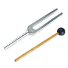 A silver tuning fork set includes a tuning fork and a wooden mallet.