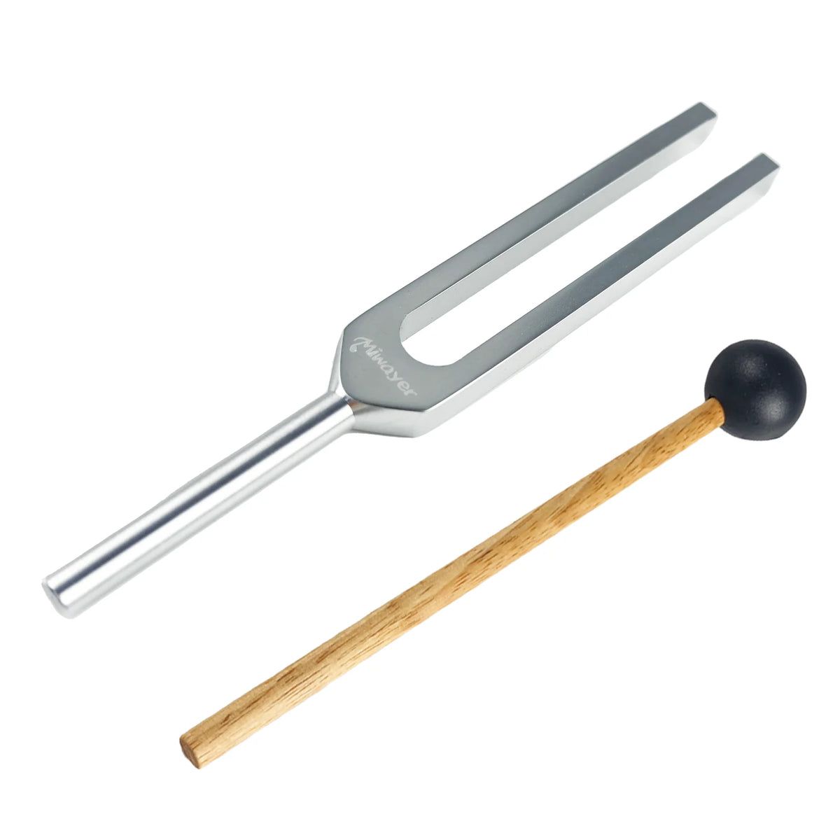 A silver tuning fork set includes a tuning fork and a wooden mallet.