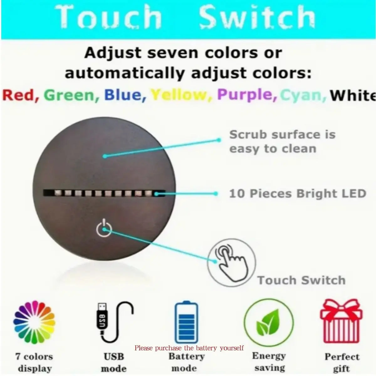 Runder Touch-Schalter LED-Nachtleuchte mit sieben Farboptionen und Energiesparfunktionen, perfektes Geschenk.