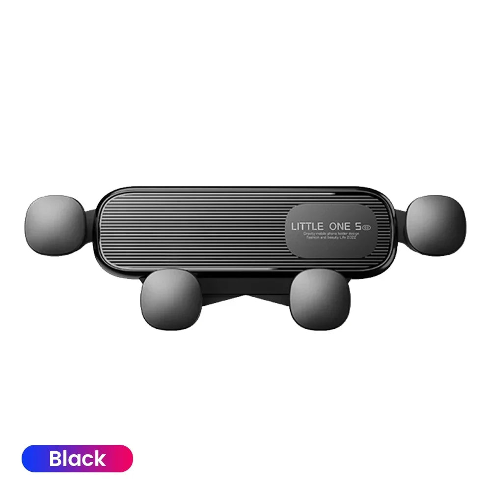 A black Gravity Car Phone Mount designed to hold a phone in front of air vents.