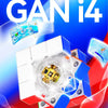 A close-up view of the GAN i4 Smart Maglev Magnetic 3x3 Speed Cube in white and blue, surrounded by a red background.