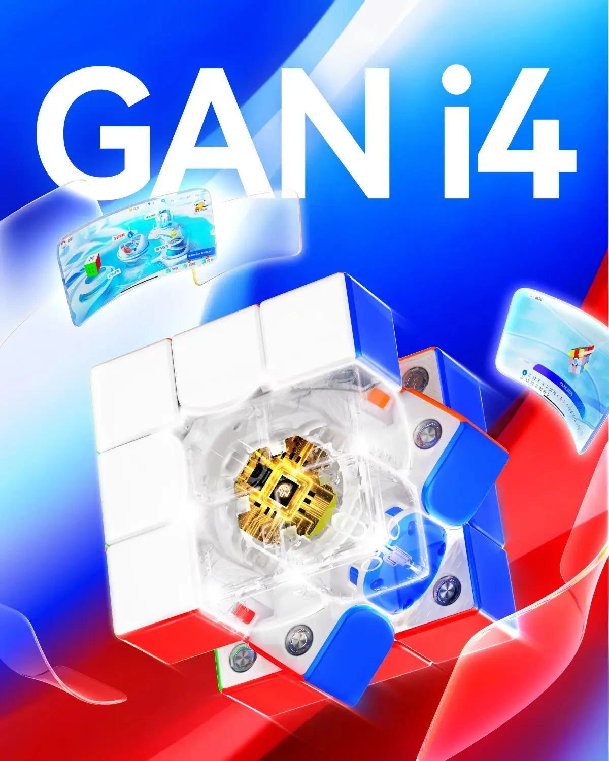 A close-up view of the GAN i4 Smart Maglev Magnetic 3x3 Speed Cube in white and blue, surrounded by a red background.