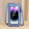 A light blue phone pouch with a strap, featuring a transparent display showing a purple gradient.
