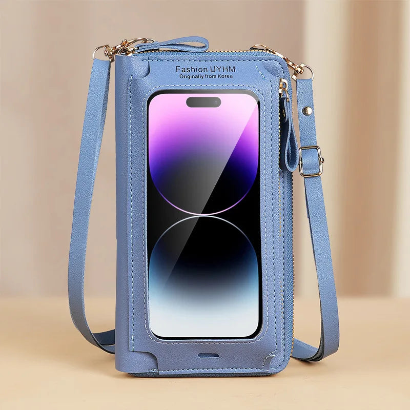 A light blue phone pouch with a strap, featuring a transparent display showing a purple gradient.