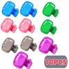 A set of ten portable toothbrush head covers in various colors including blue, pink, green, and gray.