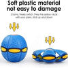 A blue magic flying saucer bouncing ball for dogs and kids shown in two forms.