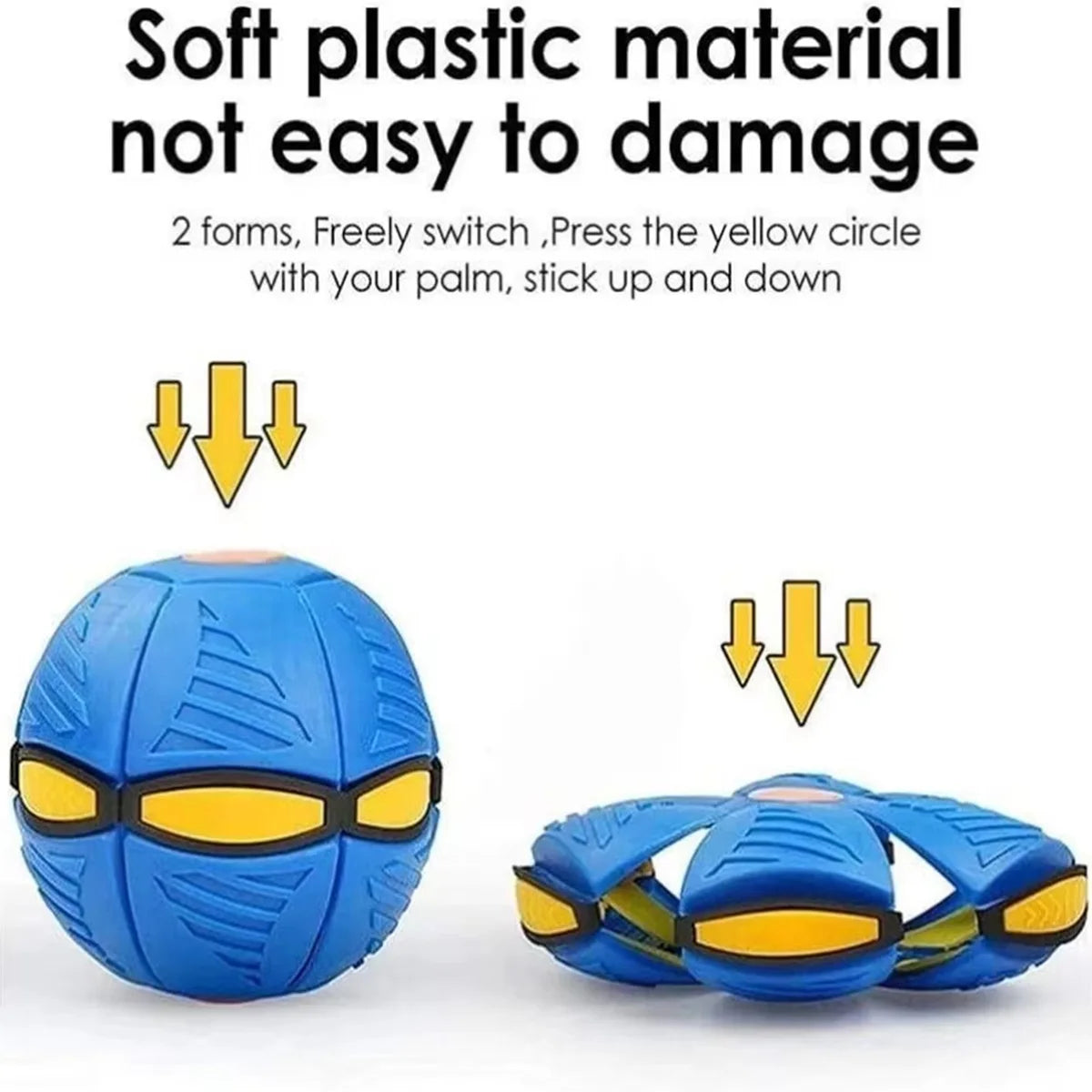A blue magic flying saucer bouncing ball for dogs and kids shown in two forms.