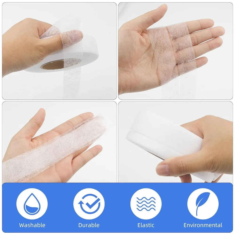 Primer plano de cinta de dobladillo autoadhesiva aplicándose a tela y una mano demostrando su uso para reparaciones.
