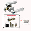 A silver smart fingerprint door handle lock mechanism with a long lever and a gateway device.