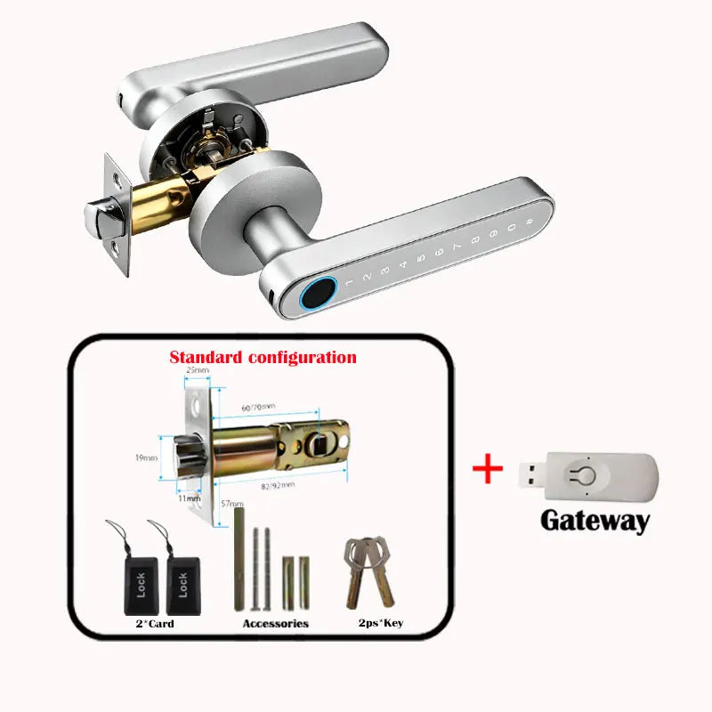 A silver smart fingerprint door handle lock mechanism with a long lever and a gateway device.