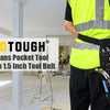 A person wearing a neon yellow safety vest is holding a MELOTOUGH electricians pocket tool pouch with a 1.5 inch tool belt.