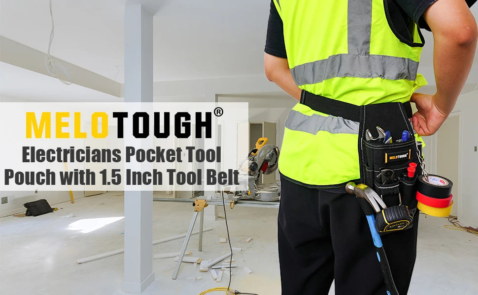A person wearing a neon yellow safety vest is holding a MELOTOUGH electricians pocket tool pouch with a 1.5 inch tool belt.