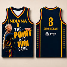 A navy blue basketball jersey with the number 8 and the name Cunningham on the front, featuring gold trim.