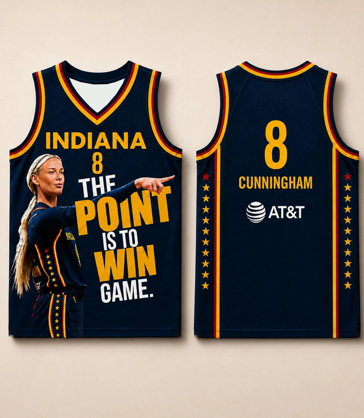 A navy blue basketball jersey with the number 8 and the name Cunningham on the front, featuring gold trim.