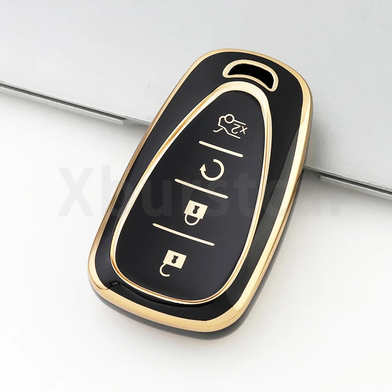 A black and gold durable TPU key fob cover for a Chevrolet vehicle, showing various buttons.