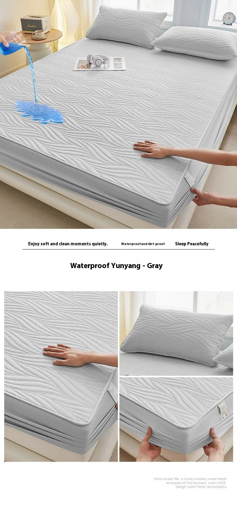 Gray waterproof fitted mattress protector being demonstrated, showing its soft texture and fit.