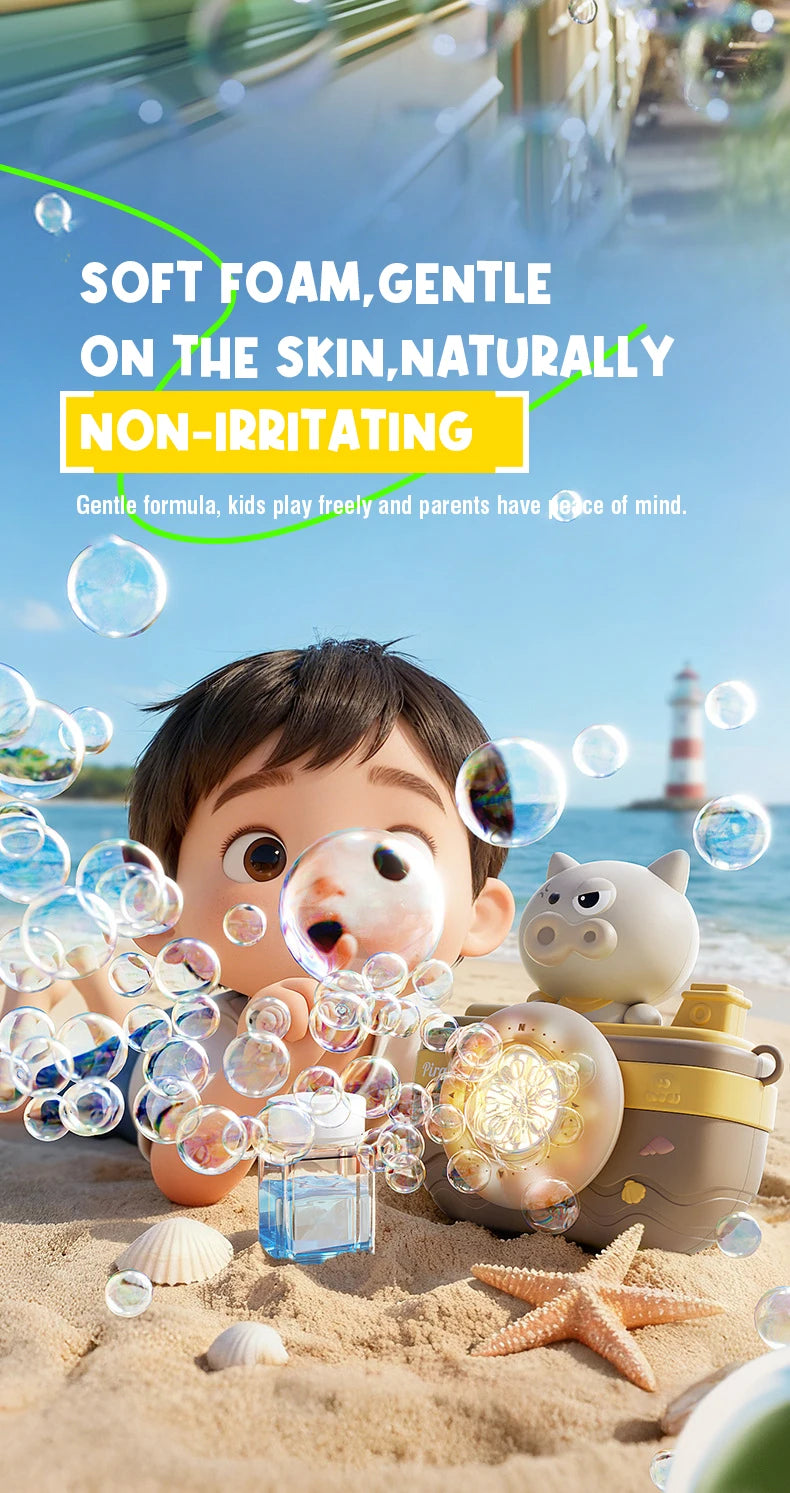 A child is surrounded by bubbles and a camera-shaped automatic bubble machine with lights on a sandy beach.