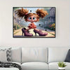 A jigsaw puzzle featuring a cute, fluffy brown-haired girl in a pink dress and purple boots.