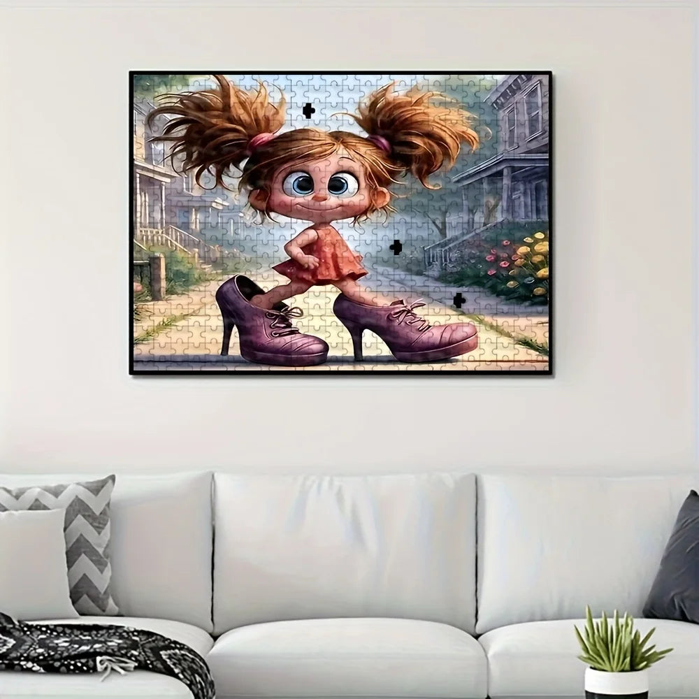 A jigsaw puzzle featuring a cute, fluffy brown-haired girl in a pink dress and purple boots.