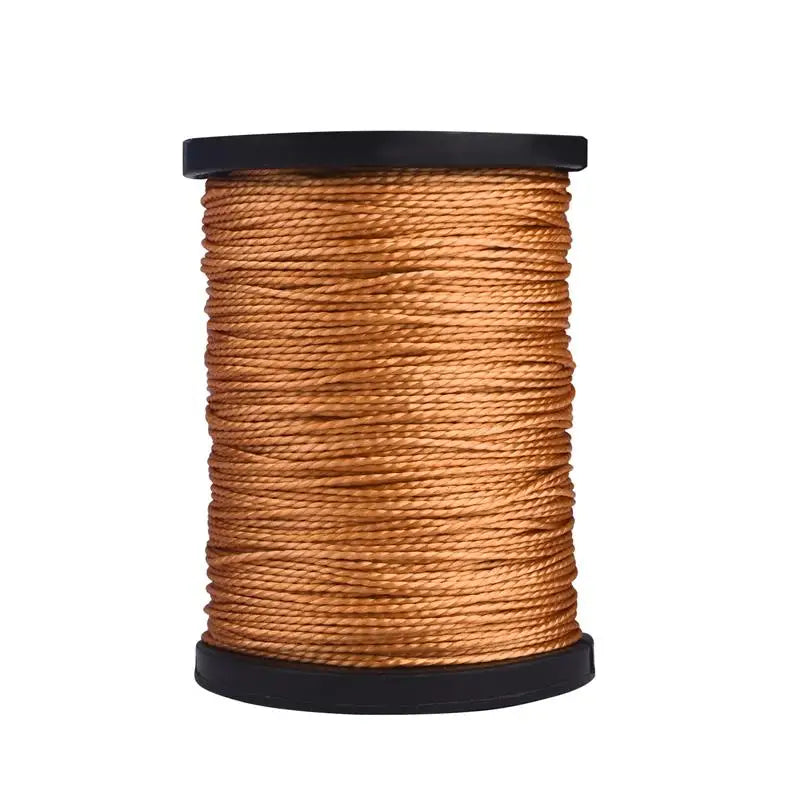 A spool of brown leather sewing thread or twine on a black spindle.