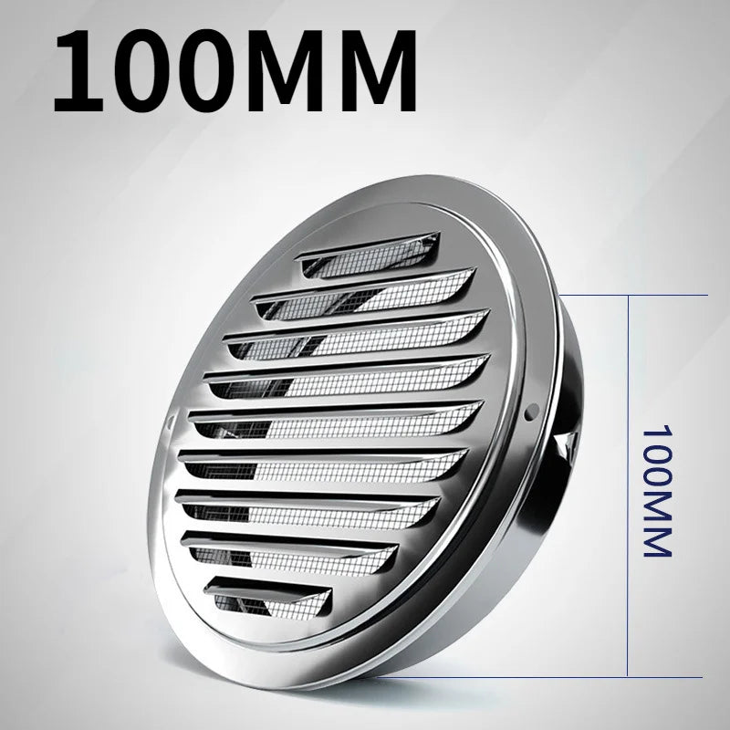 Stainless steel round ventilation grille with 100mm diameter and a mesh pattern.