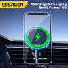 An Essager 15W rapid charging wireless car charger mount with an RGB light positioned on a car grille.