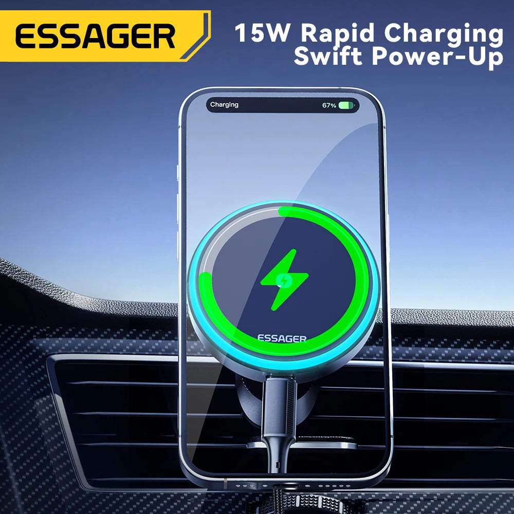 An Essager 15W rapid charging wireless car charger mount with an RGB light positioned on a car grille.