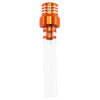 A clear glass fuel tank breather valve with an orange metal fitting and ribbed top.