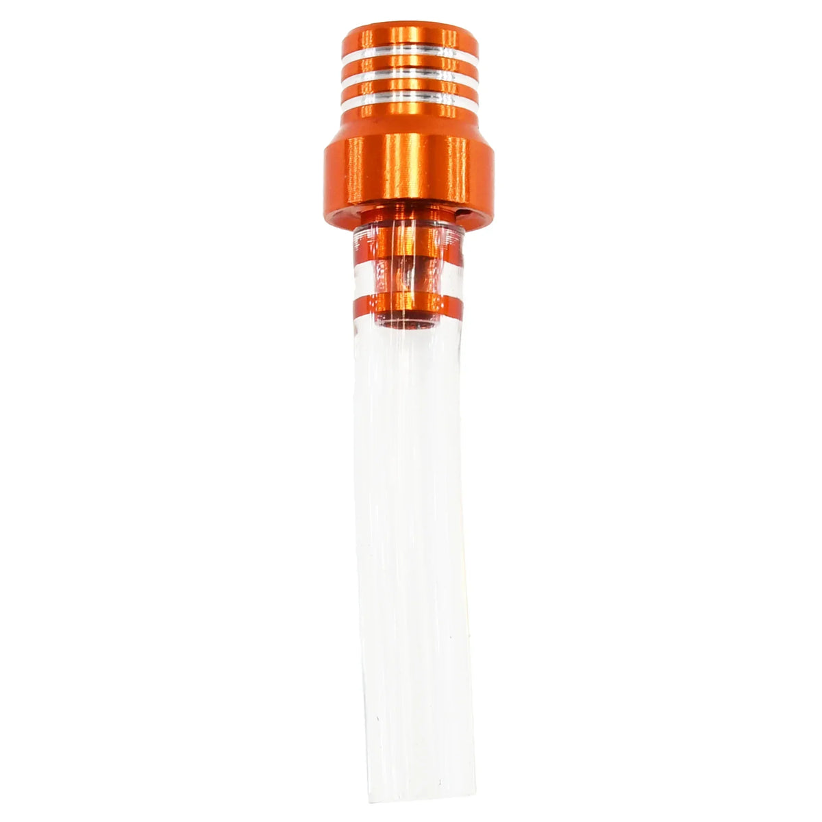 A clear glass fuel tank breather valve with an orange metal fitting and ribbed top.