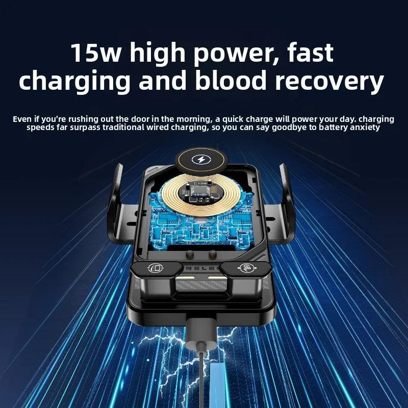A black 2-in-1 auto-clamping car phone holder with wireless charging is shown against a blue digital background.