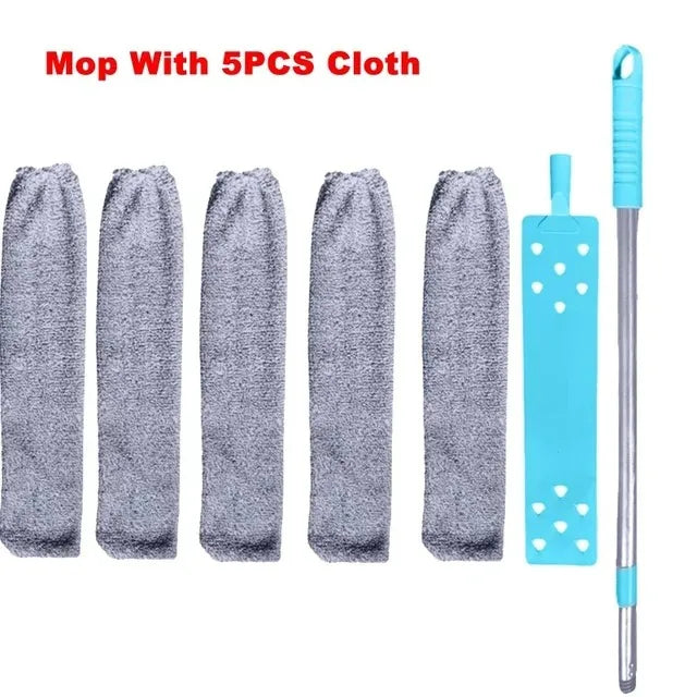 A set of five gray microfiber cleaning cloths with a telescopic handle for mopping.