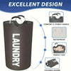 A dark gray foldable laundry basket with padded handles, highlighting its excellent design features.