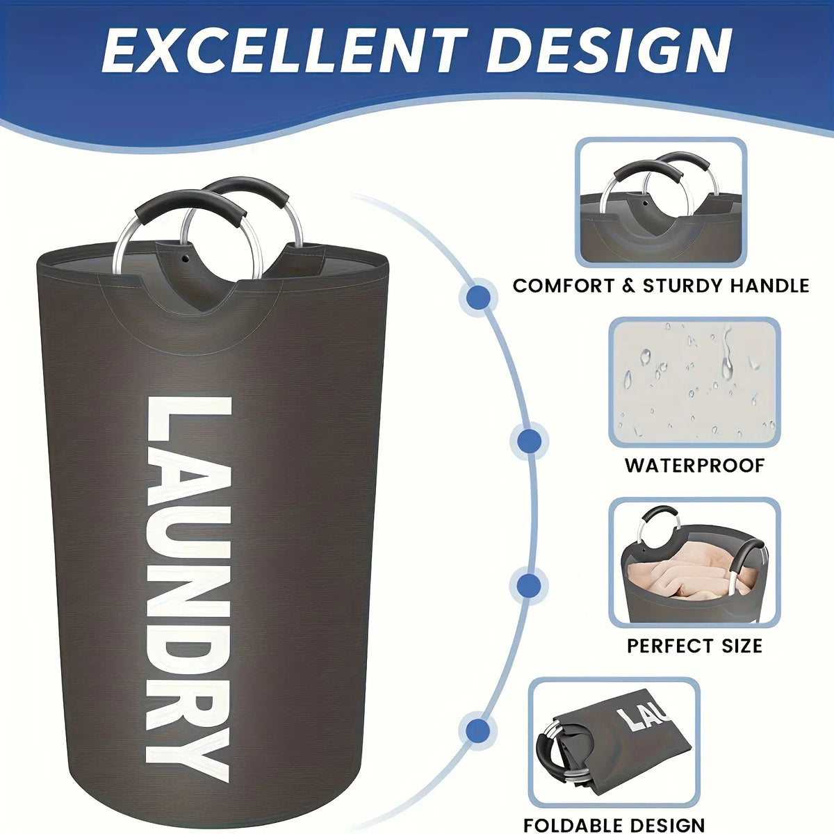 A dark gray foldable laundry basket with padded handles, highlighting its excellent design features.