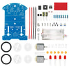 A collection of electronic components and parts for a DIY soldering kit to build a line-following robot.