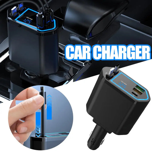 Retractable 120W Car Charger with Built-in Cables