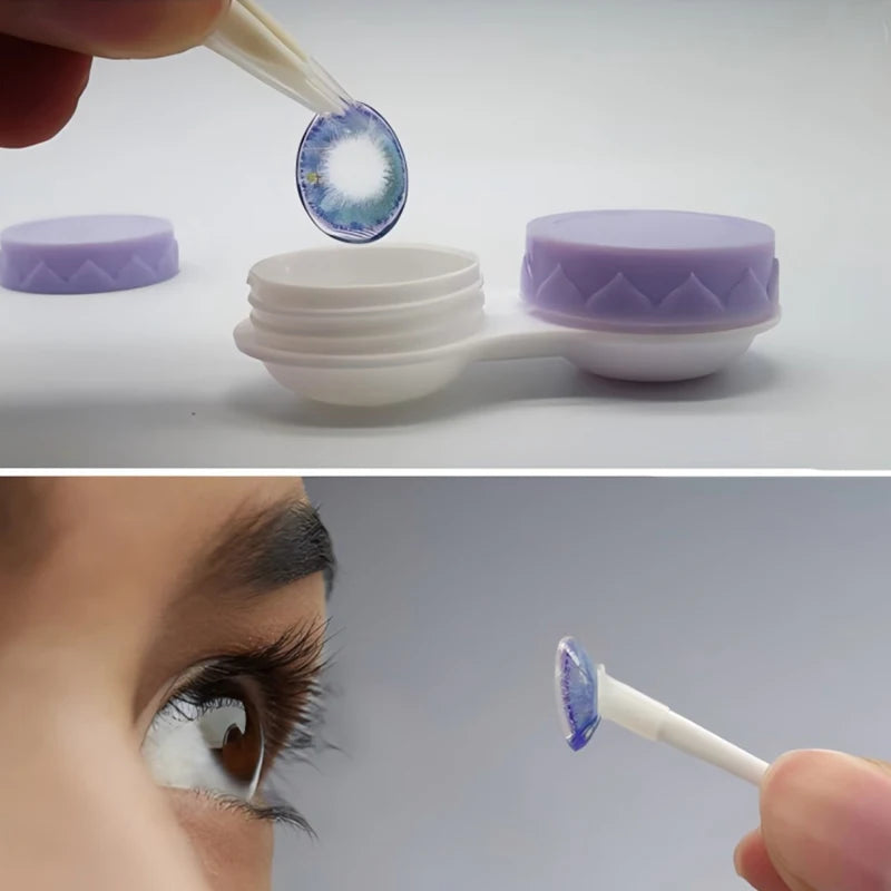 A hand is placing a contact lens into a compact travel case with a secure closure.