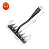 A black garden hand rake with a long handle and a mounting plate for gardening tools.