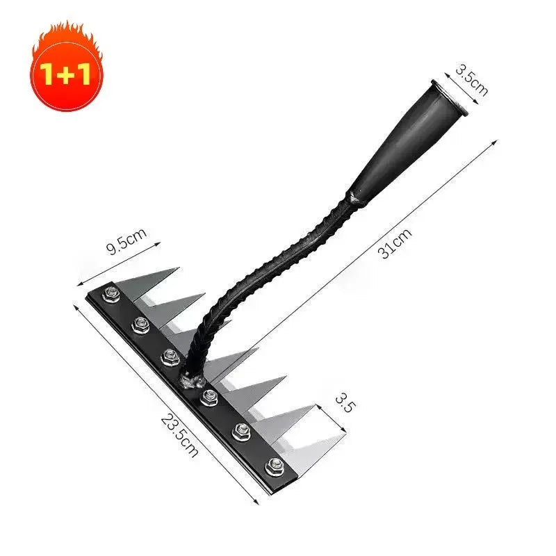 A black garden hand rake with a long handle and a mounting plate for gardening tools.
