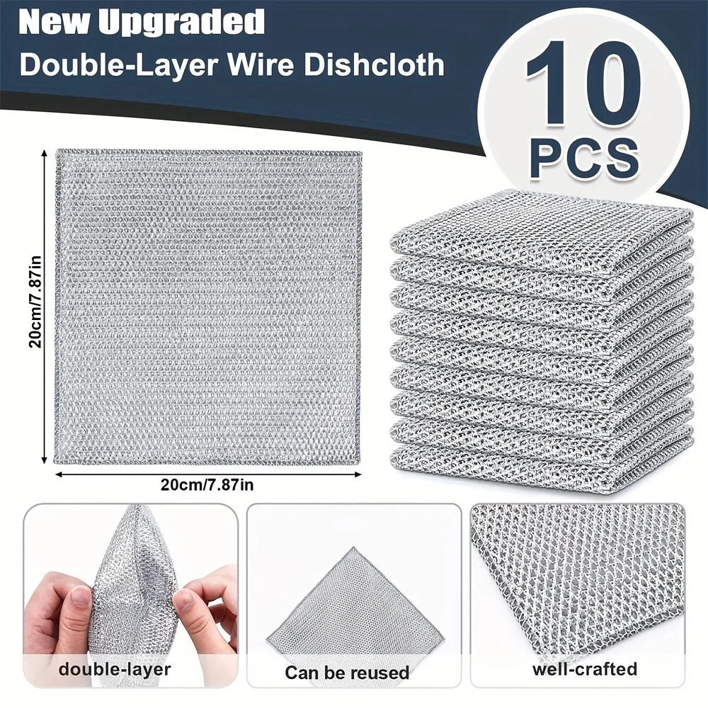 A set of ten new upgraded double-layer wire dishcloths shown in various views and stacked.