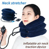 A woman is using a dark blue inflatable air neck traction device for stretching and pain relief.