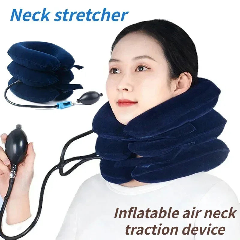 A woman is using a dark blue inflatable air neck traction device for stretching and pain relief.