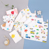 A collection of soft natural cotton muslin baby washcloths featuring various cute illustrations and themes.