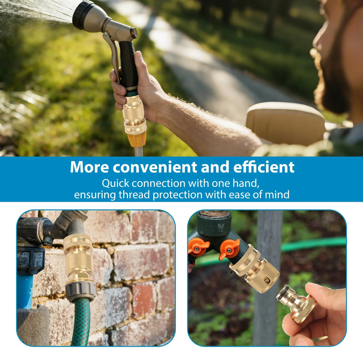 A hand is connecting a brass quick-connect garden hose fitting to a pipe, demonstrating easy and efficient connection.