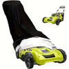 A yellow heavy-duty outdoor push mower is shown with its black protective cover partially removed.