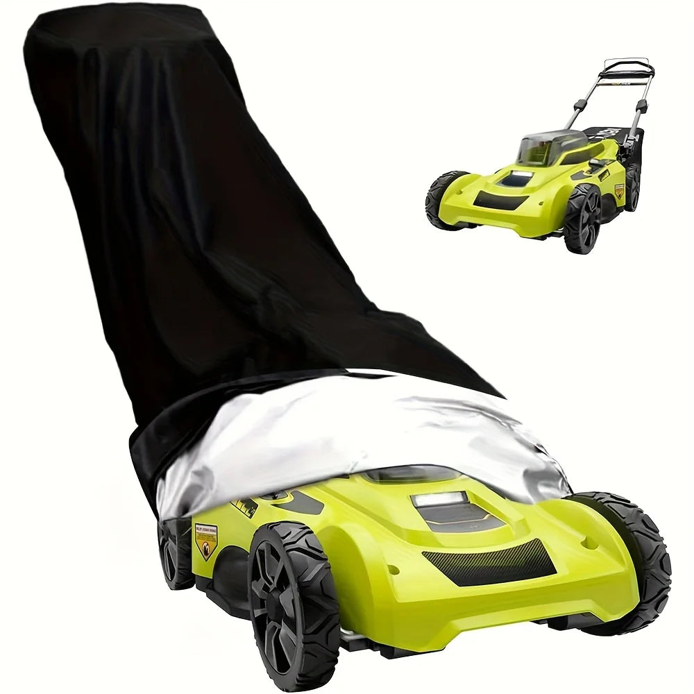 A yellow heavy-duty outdoor push mower is shown with its black protective cover partially removed.